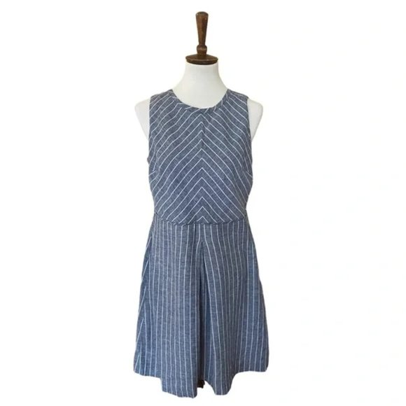 Ann Taylor LOFT Blue Chambray Linen Chevron Stripe Sleeveless Open Back Dress - Picture 12 of 12
